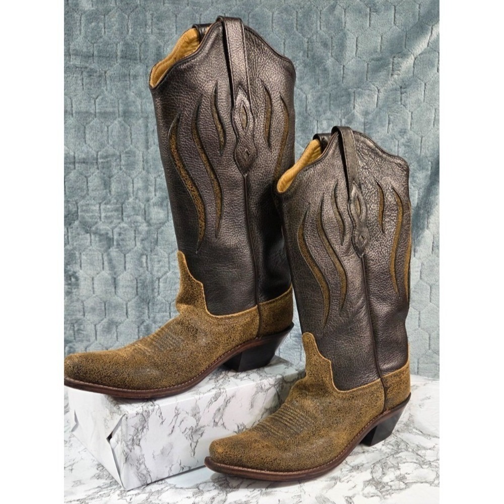 Old West Brown Suede Black Leather Cut-Out Shaft Western Boots Size. 7.5